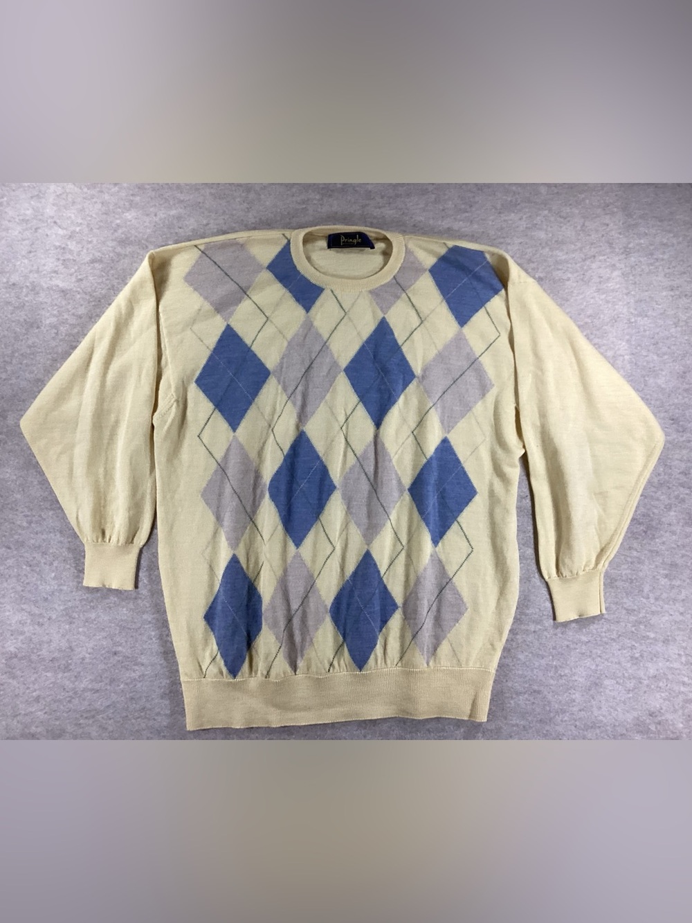 Pringle Men’s Yellow Crewneck Wool Sweater with Blue & Gray Argyle